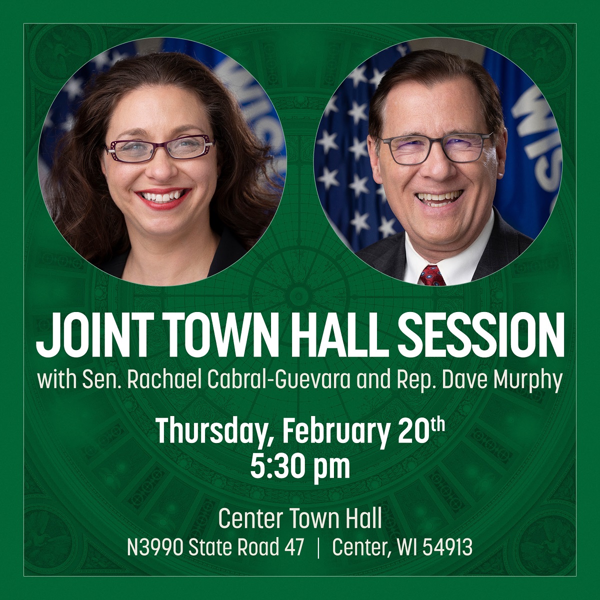 Wisconsin State Rep. Dave Murphy and Sen. Rachael Cabral-Guevara will hold a joint Town Hall on Thursday, February 20.