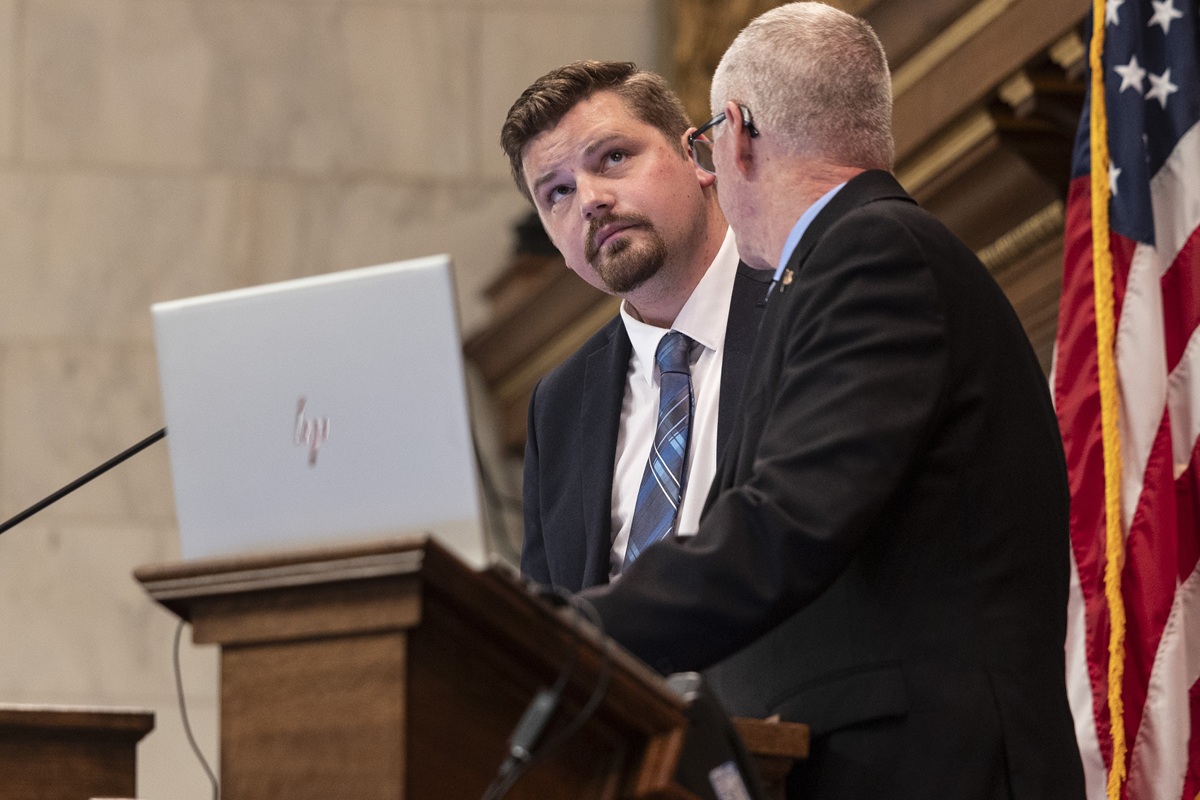 Wisconsin State Rep. Nate Gustafson delivers a speech on the house floor on July 2, 2025.
