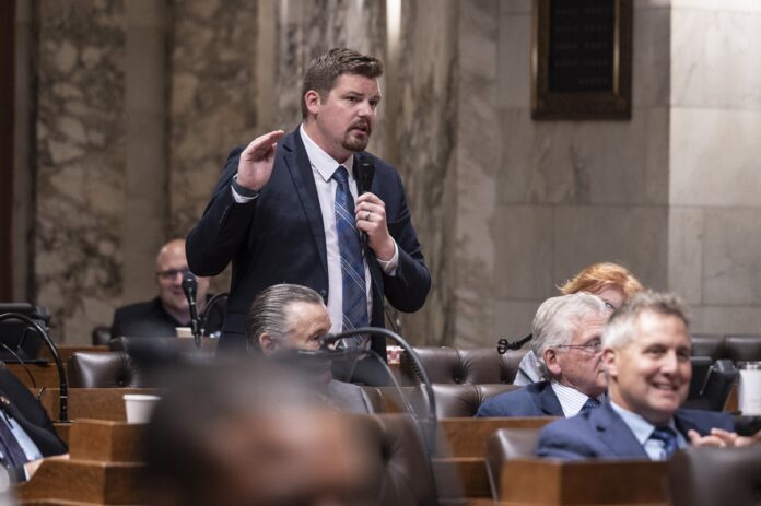 Wisconsin State Rep. Nate Gustafson delivers a speech on the Assembly Floor on July 2.