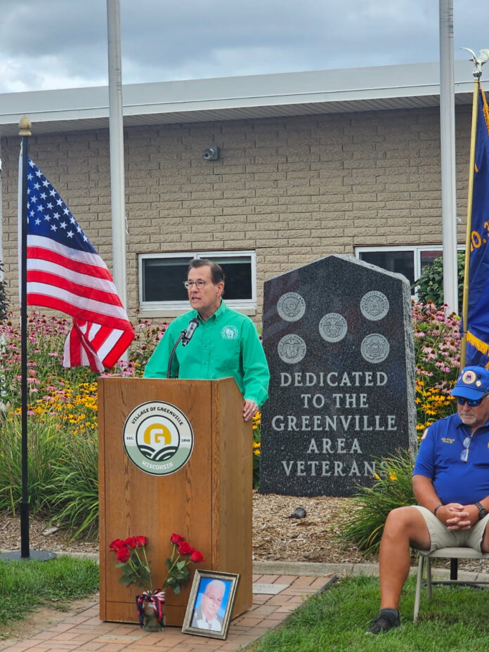 Wisconsin State Rep. Dave Murphy spoke at the Veterans Memorial Ceremony, in Greenville to mark the 250th anniversary of the US Army, Navy, and Marines