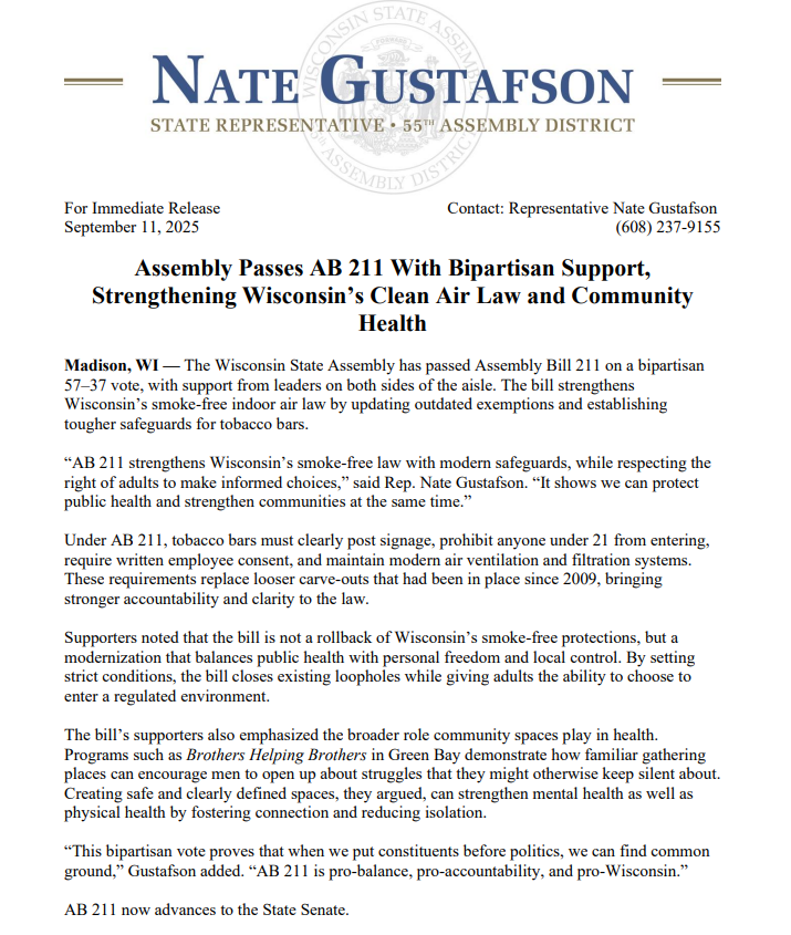 Wisconsin State Rep. Nate Gustafson issued this press release about AB 211 concerning tobacco bars.