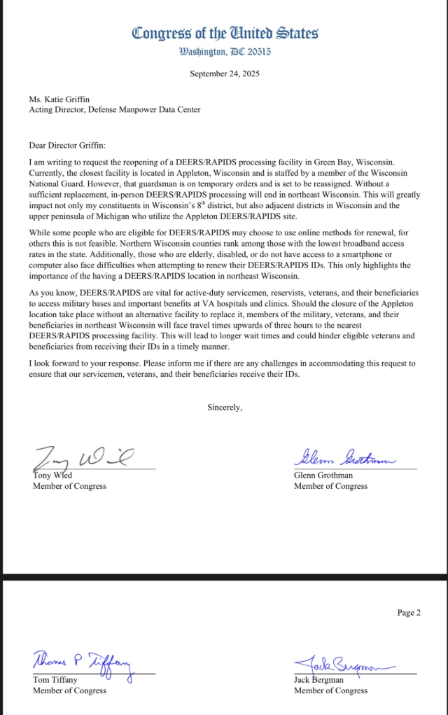 Congressman Tony Wied sent a letter to Acting Director Katie Griffin formally requesting the reopening of the DEERS/RAPIDS processing facility in Green Bay. 