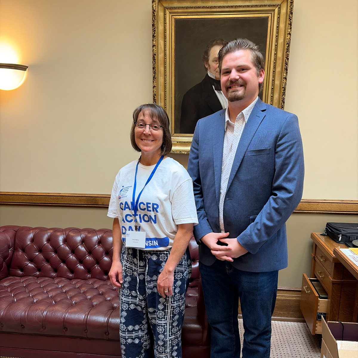Wisconsin State Rep. Nate Gustafson with Judy — a breast cancer survivor, constituent of the 55th Assembly District, and dedicated volunteer with the American Cancer Society.