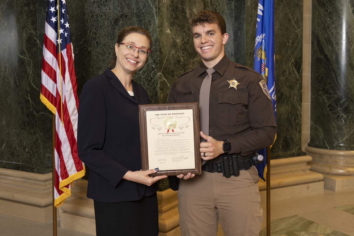 Waupaca County Deputy Wenzel and Wisconsin State Sen. Rachael Cabral-Guevara at First Responders Day in Madison.