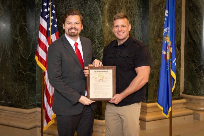 Wisconsin State Rep. Nate Gustafson selected as his district's First Responder of the Year Officer Ian Seaholm (Ret.) for his outstanding dedication and advocacy for officer mental health.