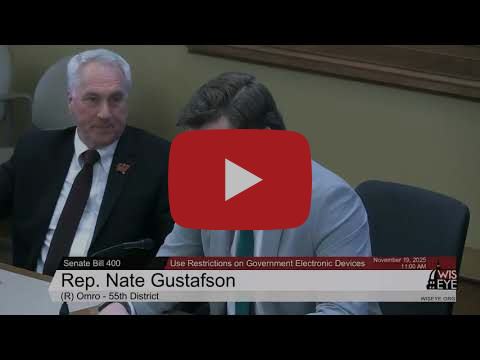 Wisconsin State Rep. Nate Gustafson testified before the Senate Committee on Transportation and Local Government on SB 400, which places use restrictions on state-issued electronic devices.