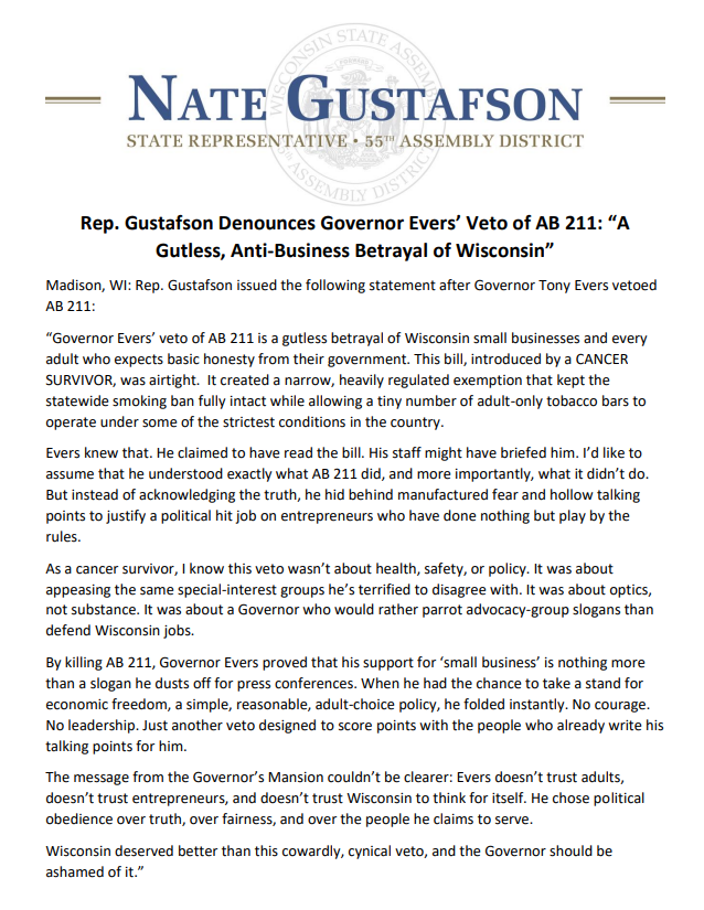 Wisconsin State Rep. Nate Gustafson responds to Gov. Tony Evers' veto of AB 211.