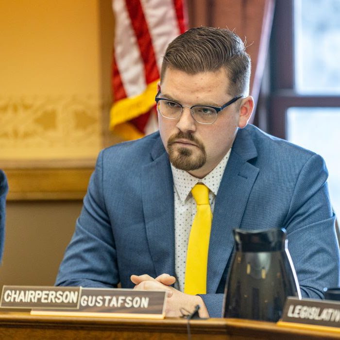 Wisconsin State Rep. Nate Gustafson listens to testimony at the Science, Technology, and AI Committee Hearing on 2/13/2025.