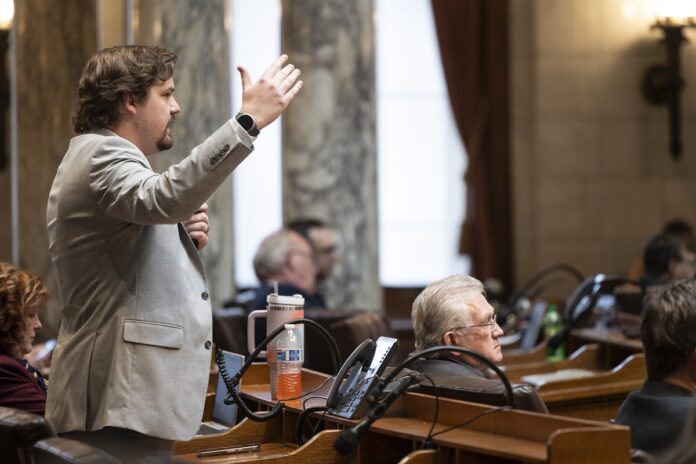 Wisconsin State Rep. Nate Gustafson addresses the Assembly floor. AB 415, which he authored with Representative Dan Knodl and Senator Rachael Cabral-Guevara, strengthens cybersecurity protections for government operations by reducing exposure to foreign surveillance and data breaches.