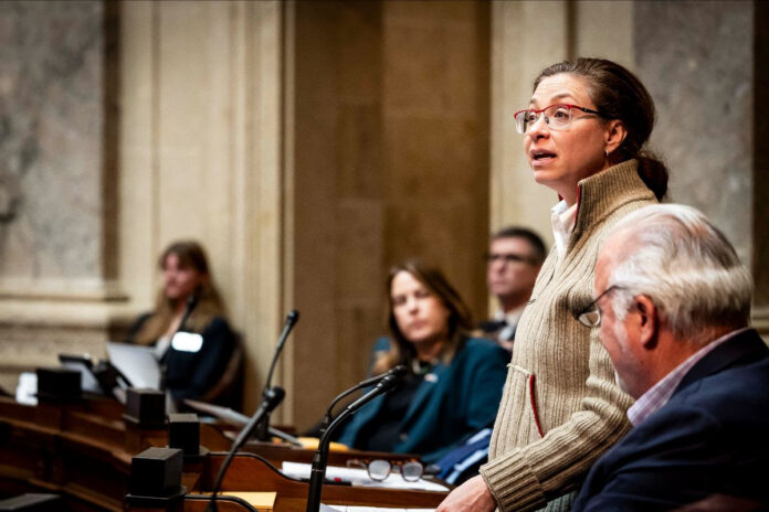 Wisconsin State Sen. Rachael Cabral-Guevara speaks on the Senate floor to encourage passage of the No Tax on Tips measure.