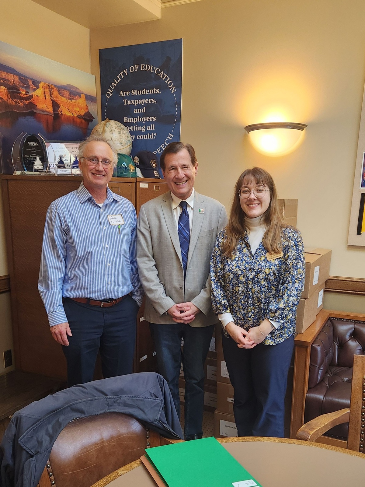 Erin and Kevin from the Wisconsin Farmers Union visited State Rep. Dave Murphy to discuss legislation that is currently before the Assembly Agricultural Committee.