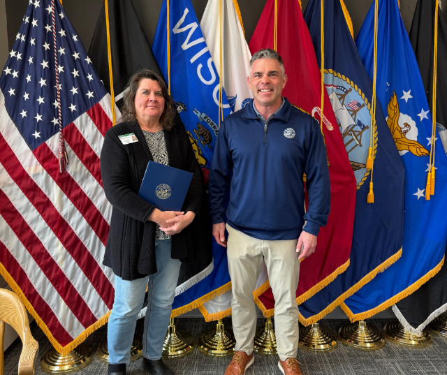 Congressman Tony Wied recognized Sandy DeCleene for her unwavering dedication and service to veterans throughout Oconto County and Northeast Wisconsin.