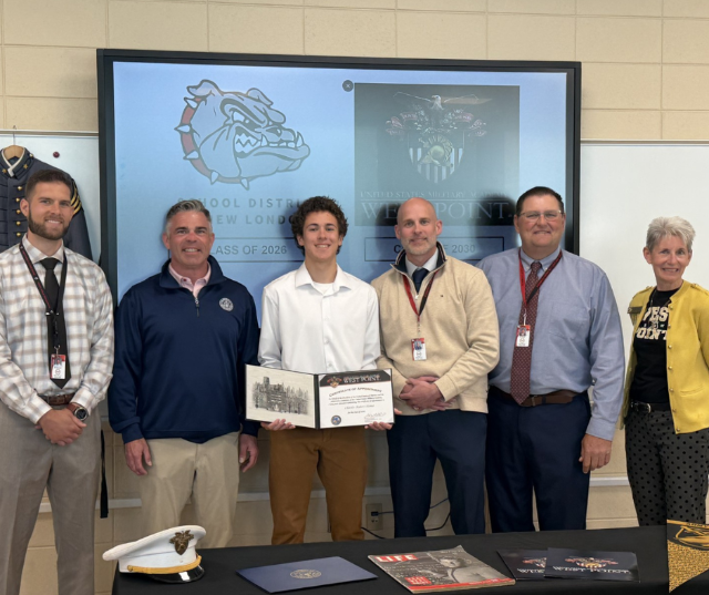 Congressman Tony Wied visited New London High School this week to recognize Charles Sloma for his appointment to the US Military Academy at West Point.